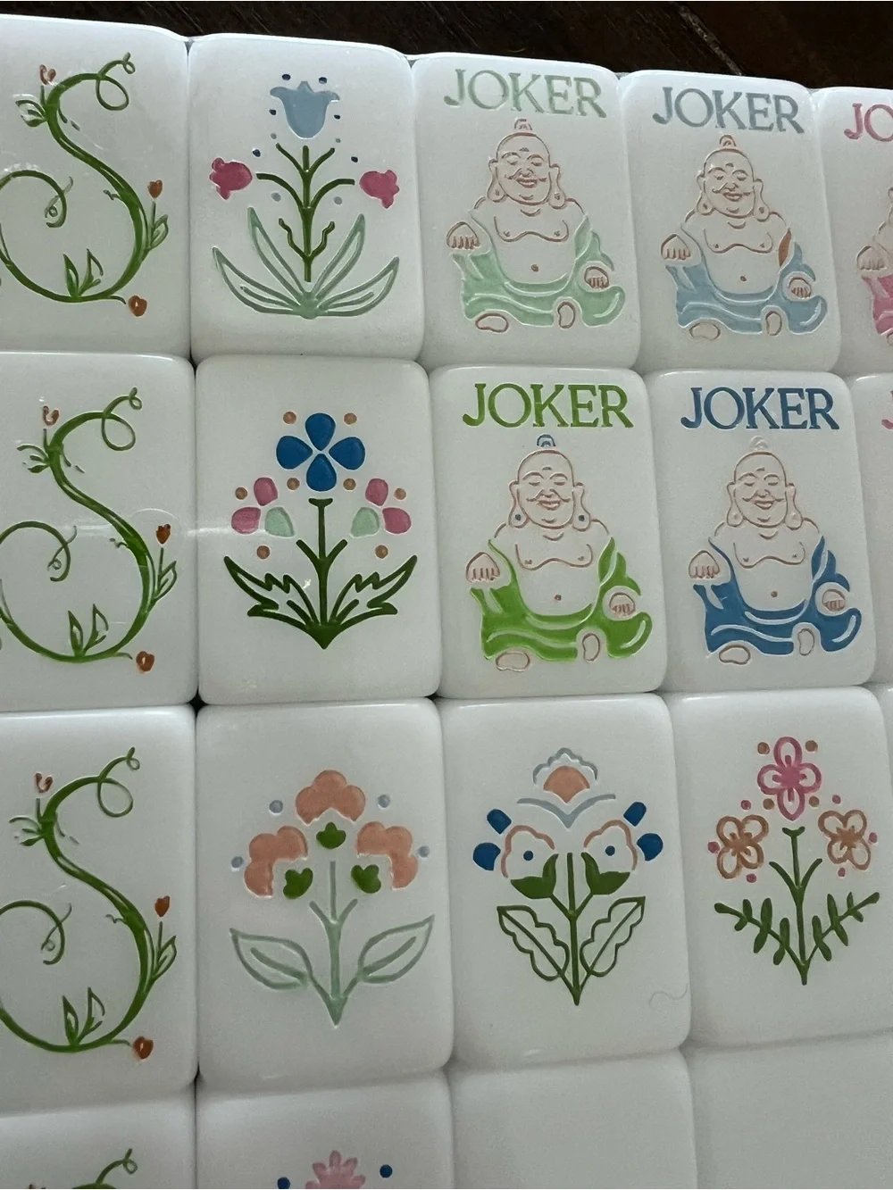 Bright White and Blue Floral Mahjong Tile Set - White with Pink, Blue & Green
